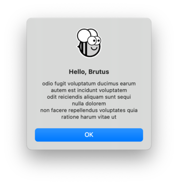Caixa de diálogo do tutorial 7 do Hello World, no macOS